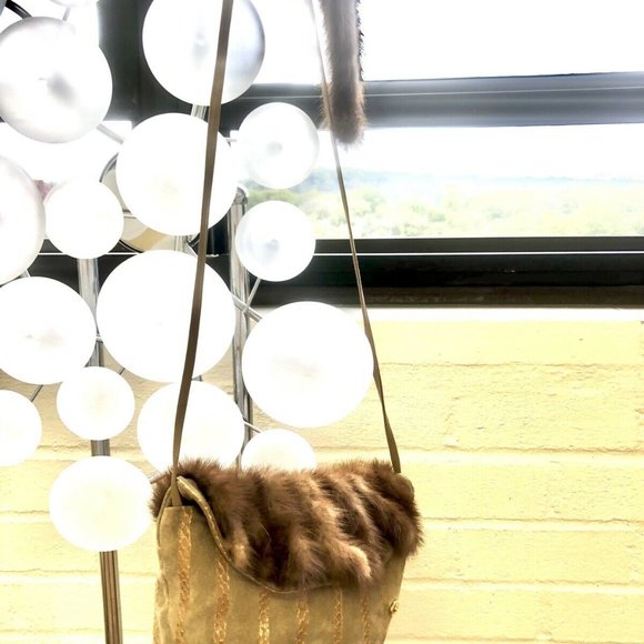 Green leather cross-body with mink & snake trim - Picture 6 of 6